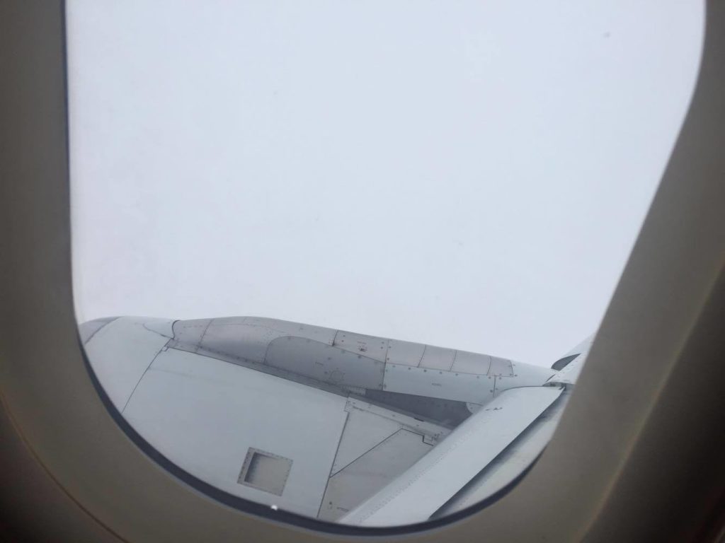 離陸後、飛行機はグレーの雲の中に